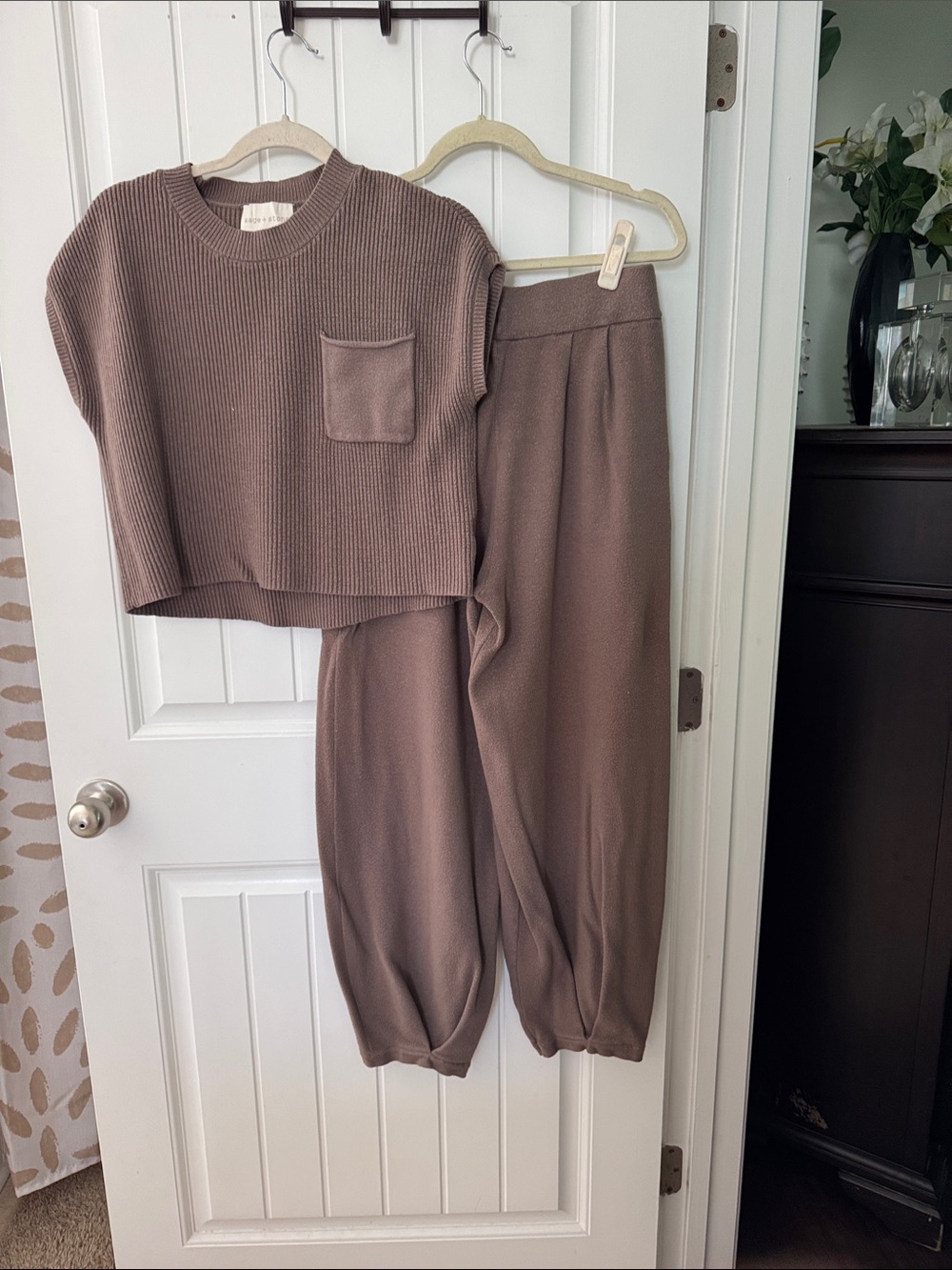 Sage and Stone Ribbed Crop Pullover & Elastic Waist Joggers - Taupe